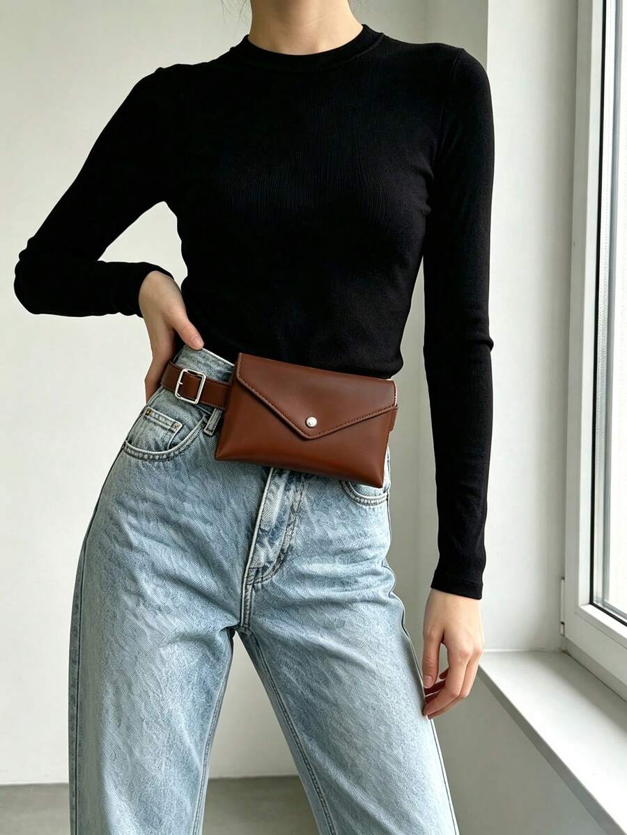 Vintage Fashion Chain Buckle Women's Leather Belt Waist Bag, Daily Outing Wallet Phone Bag, Commute Matching Niche Design Waist Bag - Coffee Brown - View 1