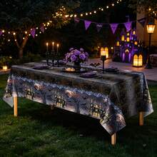 1pc/3pcs Mysterious Dark Castle Bat Print Disposable Plastic Tablecloth, Strong Atmosphere, Suitable For Halloween Theme Party, Mystery Game Gathering, Dark Theme, Birthday Party, Outdoor Dining Tablecloth Decoration 137*274cm - Multicolor - View 2