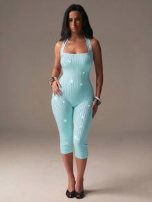 Spring Summer Autumn Sexy Halter Neck Rhinestone Backless Sleeveless Music Festival Party Vacation Date Daily Commute Women's Jumpsuit - Mint Blue - View 8