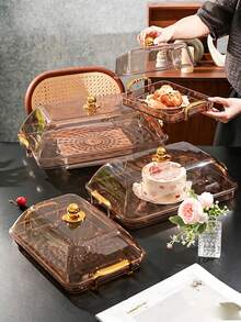 Tray With Cake Lid, Gold Thickened Transparent PET Rectangular Tray With Handle And Cake Lid, Plastic Storage Tray, Suitable For Tea Cups, Water Cups, Gold Rim Style - Amber - View 5