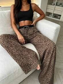 1pc Loose Leopard Print Elastic Waist Long Pajama Pants - Black - View 2