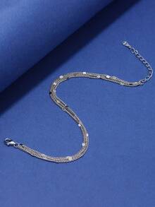 SYMFNY 1pc Ins Minor Style 925 Sterling Silver Staggered Square Slice Lobster Clasp Adjustable Three‑Layer Bracelet For Women Anniversary Jewelry Gift - Silver - View 2