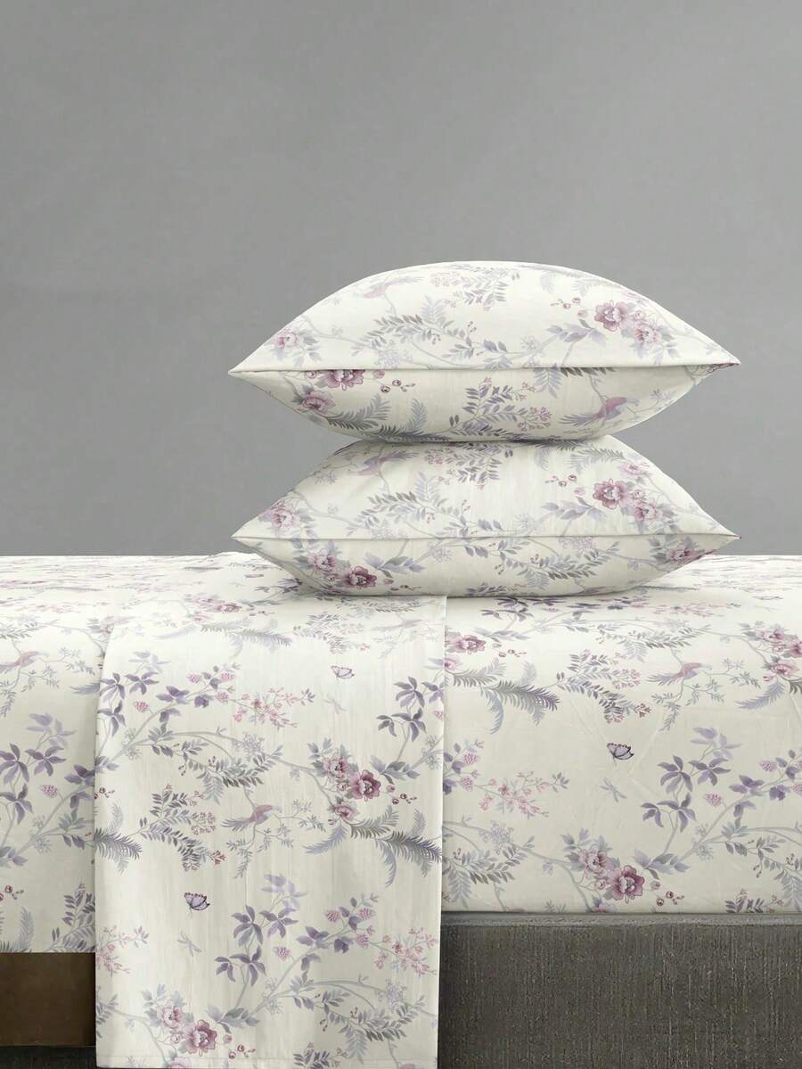 4-Piece Garden Floral Butterfly Bird Pattern Bedding Set, Includes 1 Fitted Sheet, 1 Flat Sheet And 2 Pillowcases (Pillow Inserts Not Included). Fitted Sheet Set, Available Sizes: King, Queen, Full, Twin. Fitted Sheet Deep Pocket Design, Pillowcases Up To 11.8 Inches. Soft And Breathable, Wrinkle-Resistant - Multicolor - View 1