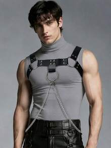 1PC Men's PU Leather Chest Harness Triple Ring Chain Front For Halloween Punk Rave Outfit Suspenders - Black - View 1