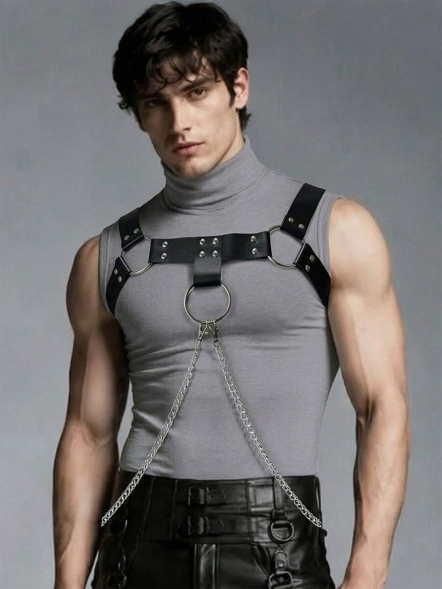 1PC Men's PU Leather Chest Harness Triple Ring Chain Front For Halloween Punk Rave Outfit Suspenders - Black - View 1