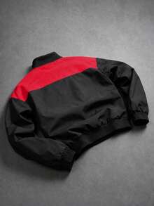 Men's Red & Black Colorblock Letter Print F1 Racing Style Aviator Jacket, Vintage Motorcycle Jacket, American Biker Style Ribbed Hem Casual Flight Jacket - black red - View 2