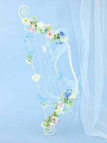 1pc Bohemian Style Bow-Shaped Creative Handheld Bouquet, Pink And White Floral Mesh Ribbon Pearl String, Forest Theme Wedding Photography Prop - Multicolor - View 9