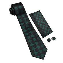 5Pcs Men Dark Green Small Check Tie Pocket Square Cufflinks Ring Tie Clip Set, Random Cufflink Pattern, Suit Accessories For Wedding - Dark Green - View 3