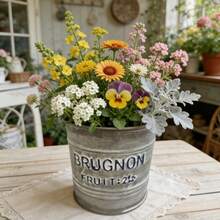 French Vintage Distressed Iron Planter, Retro Metal Flower Bucket, Garden Balcony Decor Planter, Distressed Iron + Vintage Letter Print, Suitable For Garden, Balcony, Homestay And Other Scenes - New Model - View 9