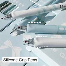 4pcs Set Retractable Bow Gel Pens, 0.5mm Fine Point Black Ink For Smooth Writing, Office And School Supplies, Style Blue For Women, Beaded Pens, Engraved Ballpoint Pens With Decorations, Fun Work Pens - A - View 5
