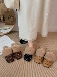 Women's Polka Dot Plush Square Toe Closed Toe Fuzzy Mule Slippers, Retro Round Dot Outdoor Wear Fuzzy Slippers, Autumn/Winter Home - Black - View 9