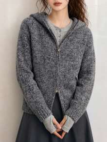 Women's Autumn/Winter Casual Minimalist Floral Sheer Hooded Knit Cardigan Sweater - Grey - View 3