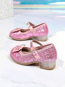 1 Pair Greet Bowknot Sequin Popular Kids High Heels, Thick Heel Anti-Slip Soft Design Sole Suitable For Party And Daily Wear - Rose Red - View 6