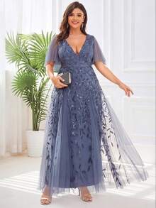 EVERPRETTY Women's Elegant Plus Size V-Neck Ruffle Sleeve Mesh Sequin Embroidered Long Formal Dress For Evening Party Wedding Guest Formal Occasions Fall - Dusty Blue - View 6