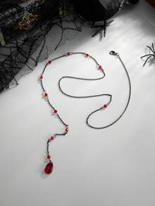 1pc Gothic Black Chain Red Teardrop Crystal Back Necklace, Women's Atmospheric Backless Body Jewelry For Halloween Party Dress - Body Chain - View 5