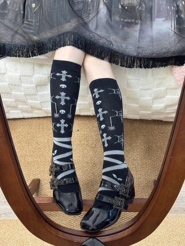 1 Pair Girls Jacquard Cross & Heart Calf Socks, Halloween Easter Party, Unique Niche Versatile
