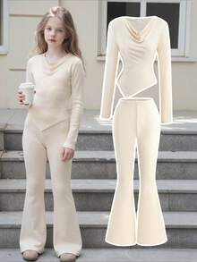 Autumn/Winter Teen Girls Simple Elegant Fashion Cute Versatile Solid Color Long Sleeve Top & Flare Leggings 2 Pieces Set - Apricot - View 1