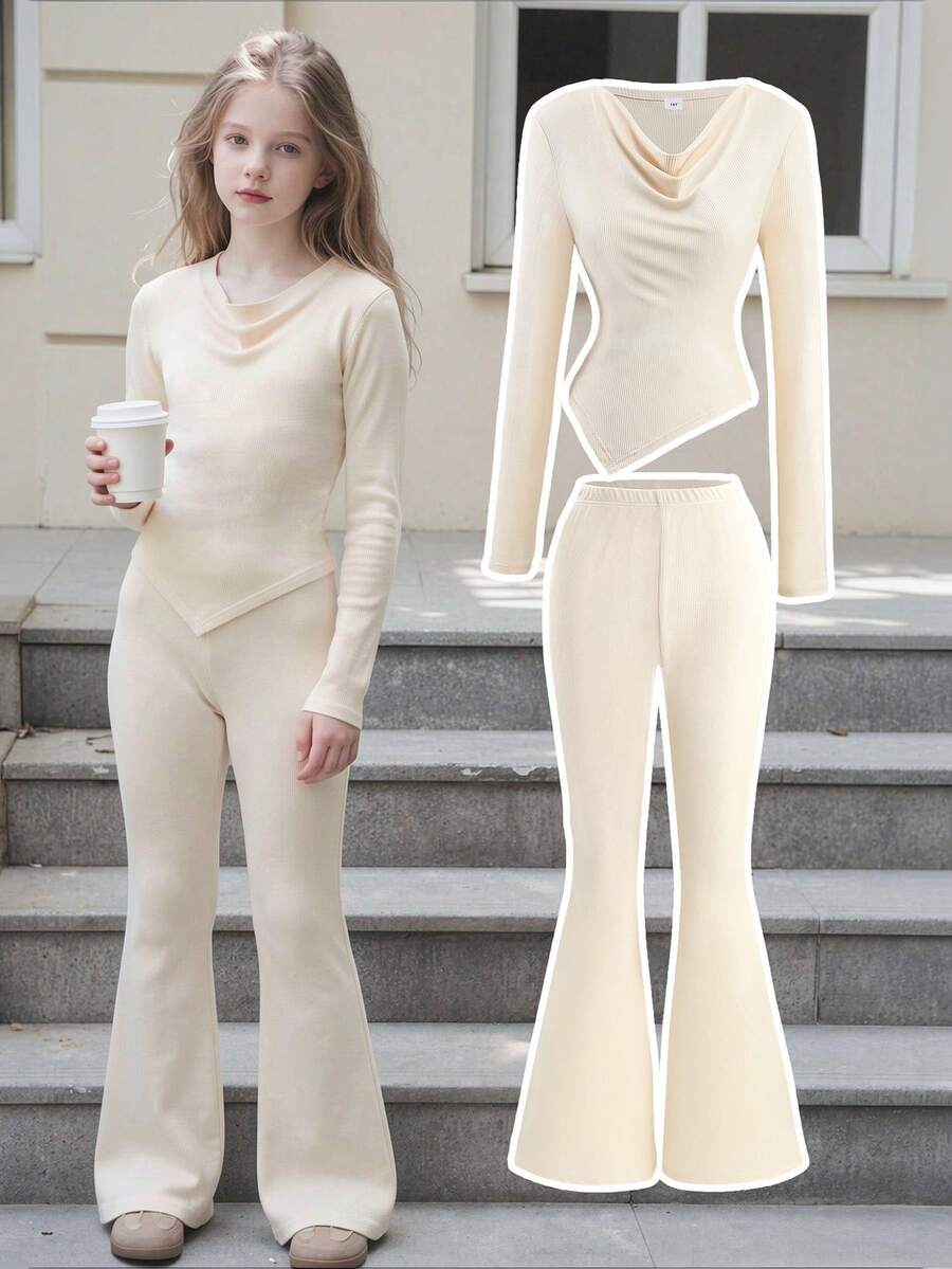 Autumn/Winter Teen Girls Simple Elegant Fashion Cute Versatile Solid Color Long Sleeve Top & Flare Leggings 2 Pieces Set - Apricot - View 1
