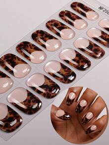 16pcs Leopard Print Semi Cured Gel Nail Strips, Tortoiseshell Brown French Tip Nail Wraps, Long Lasting & Easy To Remove, UV/LED Cure Nails For Women's Parties And Autumn Looks - Brown - View 2