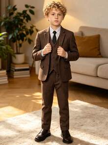 3pcs/Set Boys Herringbone Twill Suit Jacket, Vest, Pants, Suitable For Wedding, Birthday, School, Stage And Other Formal Occasions, Dark Brown, 6-16 Years Old - Brown - View 1