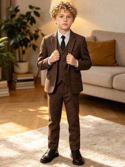 3pcs/Set Boys Herringbone Twill Suit Jacket, Vest, Pants, Suitable For Wedding, Birthday, School, Stage And Other Formal Occasions, Dark Brown, 6-16 Years Old