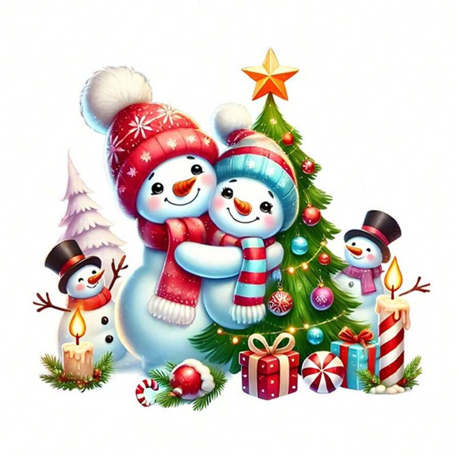 1/2/3pcs Hugging Snowman Christmas Tree Heat Transfer Iron-On Patch, Holiday Gift Candle Snowman Iron-On Sticker, DIY Decoration For T-Shirt, Hoodie, Pillow, Tote Bag - Multicolor - View 1