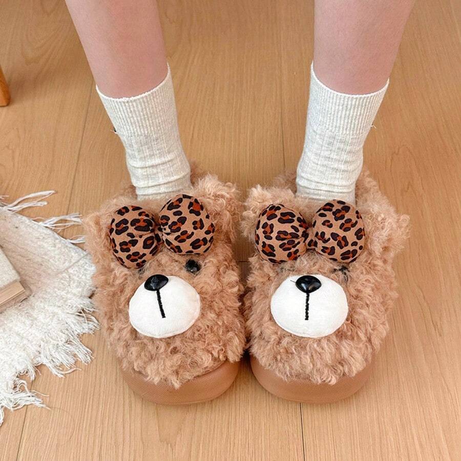 Women's Autumn/Winter 3D Bear Leopard Print Bow Plush Slippers, Cute Thermal Lined Warm Fuzzy House Slippers - Mocha Brown - View 1