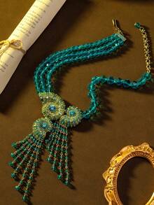 1pc Women's Fashion Vintage Jewelry Necklace, Retro Blue Ocean Style Tassel Seashell Heavy Craft Multi-Layer Faux Crystal Embellished Glamorous Necklace, Suitable For Banquet Wear - Multicolor - View 3