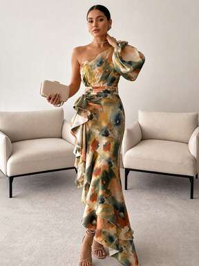 Women's Elegant Summer One-Shoulder Abstract Print Maxi Dress, Long Bishop Sleeves, High Waist Layered Ruffle Hem, Suitable For Wedding Guest, Party, Vacation