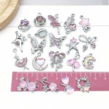 5/20pcs Silvery Plated Pink Rhinestone Charms Ballerina Fairy Butterfly Bear Moon Star Bow Shell Pendant For DIY Necklace Earring Jewelry Making - Pink - View 5