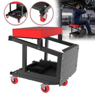 CEEDIR 2-in-1 Rolling Workshop Stool, 150KG Load Padded Work Seat with Step Platform & Tool Storage for Garage Repair