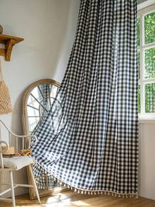 1pc American Country Style Minimalist Solid Color Plaid Pattern Curtain, Suitable For Bedroom, Living Room, Balcony - Navy - View 6