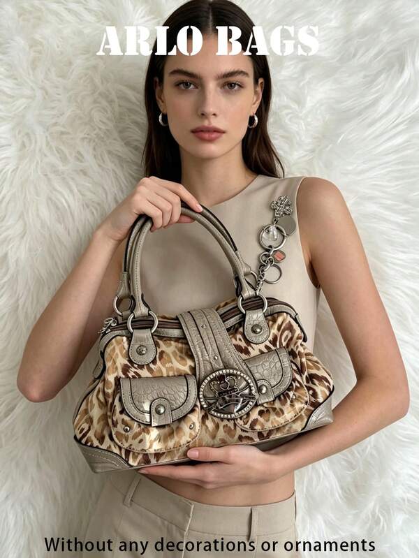 Leopard Print & Crocodile Colorblock Patchwork Shoulder Bag, Soft Pleated Large Capacity Body With Multiple Compartment Dividers For Organizing Personal Essentials, Suitable For Commute, Travel, Shopping, And Gatherings