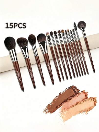 Princess Rose New Luxury Natural Goat Hair Makeup Brush Set, 15pcs Makeup Brush Set, Wooden Natural Makeup Brush, Natural Bristle Makeup Brush, Professional Natural Hair Makeup Brush Set