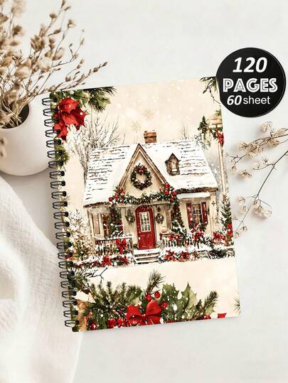 Christmas Snow Cabin Notebook Featuring A Winter Cottage, Red Door, And Holly Berries; Spiral-Bound Of Thick Paper; Perfect For Journaling And Suitable For Home, Office, School, Or Holiday Christmas Gifts