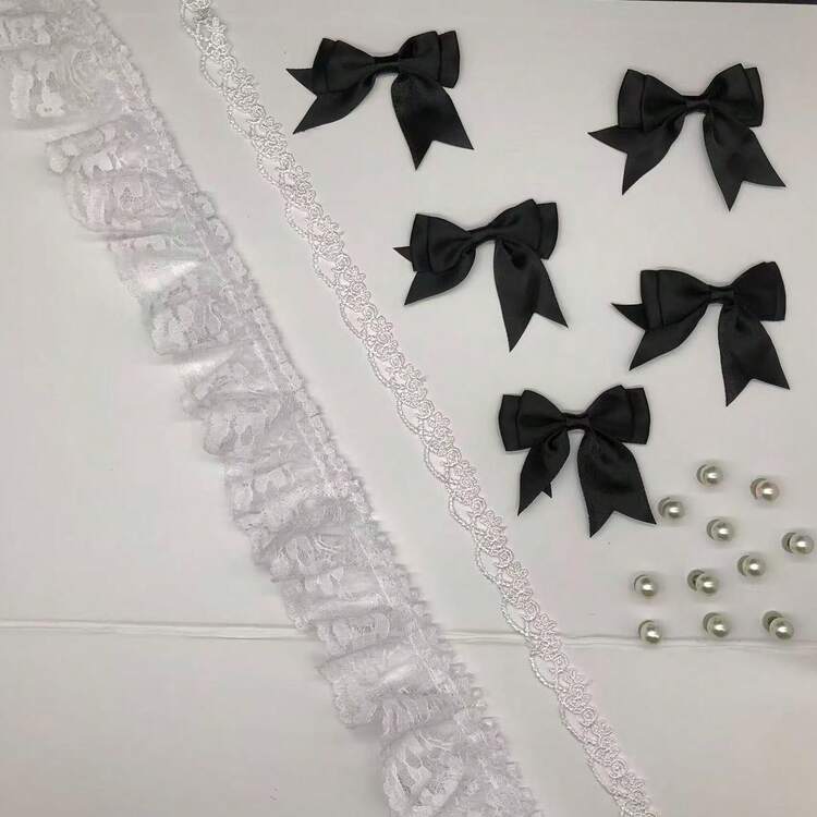 Black Elastic Double Layer Ruched Lace Trim, Elastic Lace Ruched Edge, For Sewing DIY Handmade Clothing Fringe, Race Ribbon, Coming Of Age Hair Ornament - 1 Yard Lace + 1 Yard Butterfly Lace - View 7