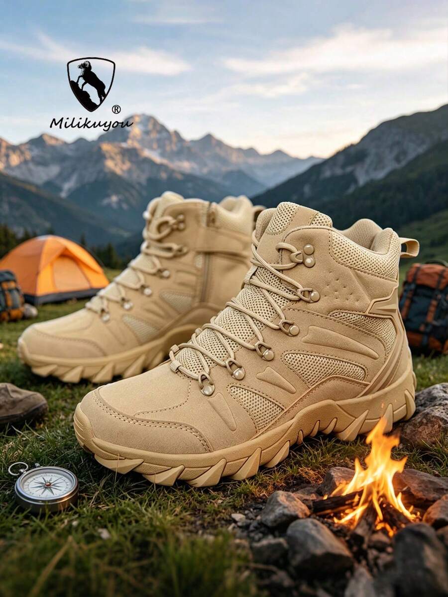 Men's Breathable Durable Side Zipper Lace-Up Round Toe High-Top Thick Sole Tactical Boots, Outdoor Hiking Desert Climbing Tactical Outdoor Spring Summer Suitable For Outdoor Hiking. - Sand Color - View 1
