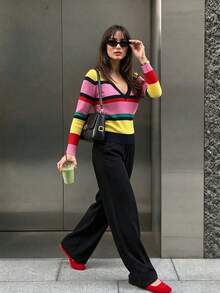 MORI Fall Winter Y2K Elegant Casual Rainbow Color Block Striped V Neck Ribbed Knit Pullover Sweater Tops Women Going Out Party Vacation Outfits - Multicolor - View 4