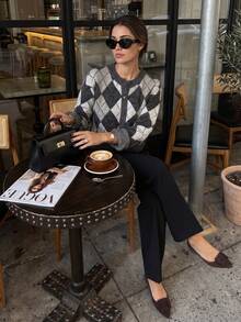Senya 2026 Women's Argyle Knit Cardigan, Grey Diamond Pattern Button Up Sweater, Preppy Old Money Quiet Luxury Chic Fall Fashion Long Sleeve Top - Grey - View 2