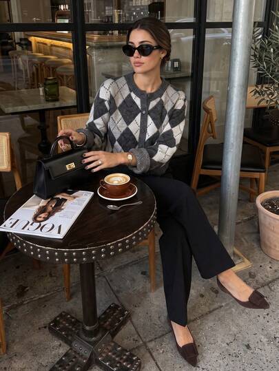 Senya 2026 Women's Argyle Knit Cardigan, Grey Diamond Pattern Button Up Sweater, Preppy Old Money Quiet Luxury Chic Fall Fashion Long Sleeve Top