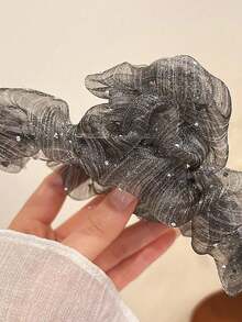 1pc Premium Mesh Polka Dot Floral Hair Claw Clip, Elegant Pleated Fabric Hair Accessory For Back Of Head Updo - Grey - View 3