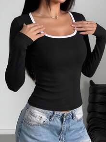 2pcs Contrast Trim U-Neck Ribbed Knit Slim Fit Long Sleeve T-Shirt, Women's Basic Casual Everyday Top - Multicolor - View 4