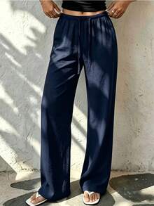 Women's Solid Navy Blue Ice Silk Wide Leg Pants, Suitable For Office, Party And Casual Occasions - Lightweight Design, Machine Washable Easy Care, Simple And Versatile, Suitable For Career Women Year-Round Bottoms - Navy Blue - View 2