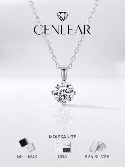 Kalung Liontin Moissanite CENLEAR 1-3 Karat VVS1 Perak Sterling S925 4-Cakar Rendah Hipoalergenik Hadiah Pernikahan untuk Istri