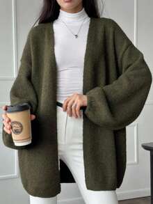 Damen Strickcardigan mit V‑Ausschnitt, weicher flauschiger Strickstoff, lange Ballonärmel, offene Front lässige Strickjacke für Alltag - Armeegrün - Übersicht 7