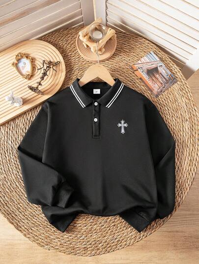 Boys' Long Sleeve Polo Shirt With Contrast Color Collar And Embroidered Cross Pattern, Suitable For Parties, Holidays, Vacation Activities