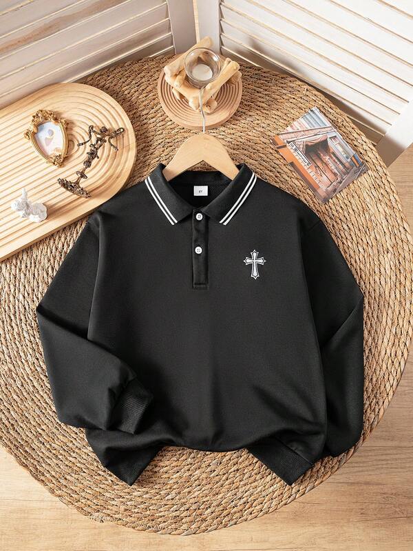 Boys' Long Sleeve Polo Shirt With Contrast Color Collar And Embroidered Cross Pattern, Suitable For Parties, Holidays, Vacation Activities