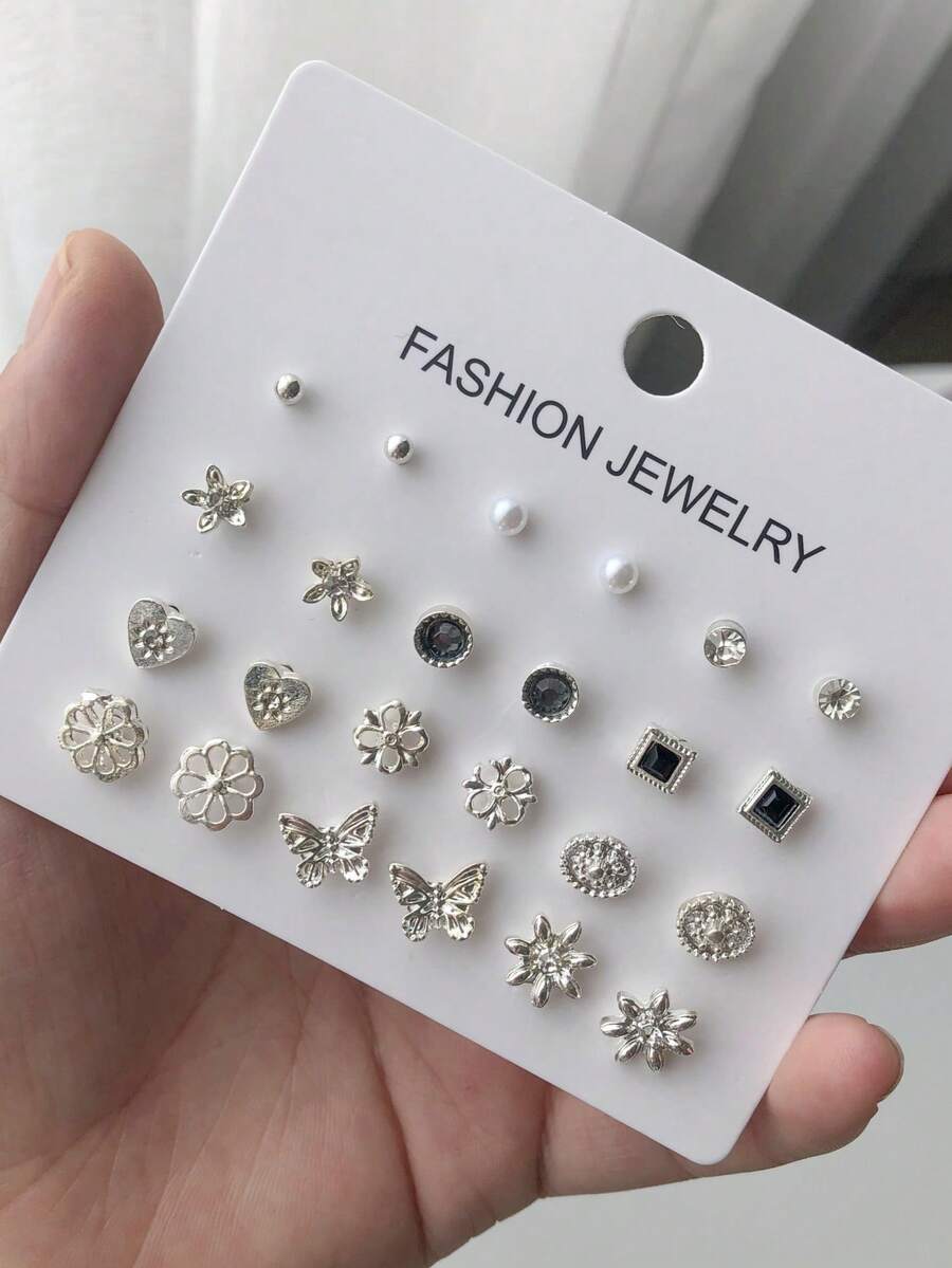 RINTOLER 12pairs Creative & Unique Design Geometric Hollow Out Simple Style Earrings Set - Silver - View 1