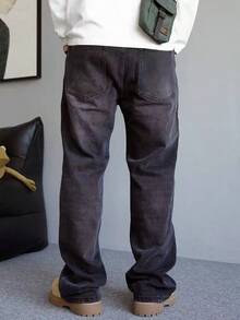 Washed Distressed Straight Leg Casual Denim Jeans - Black - View 2
