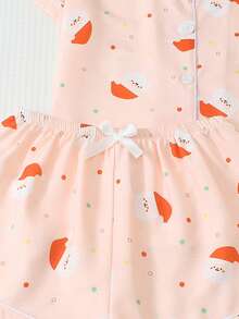 2pcs Comfortable Santa Claus Polka Dot Print Short Sleeve Lapel Top And Bow Shorts Women's Pajama Set - Pink - View 6